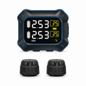 Tyre Care M3ST-2-WF motorcycle TPMS front view with pressure and temperature display and two external sensors.