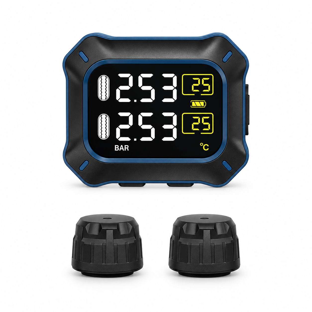 Tyre Care M3ST-2-WF motorcycle TPMS front view with pressure and temperature display and two external sensors.