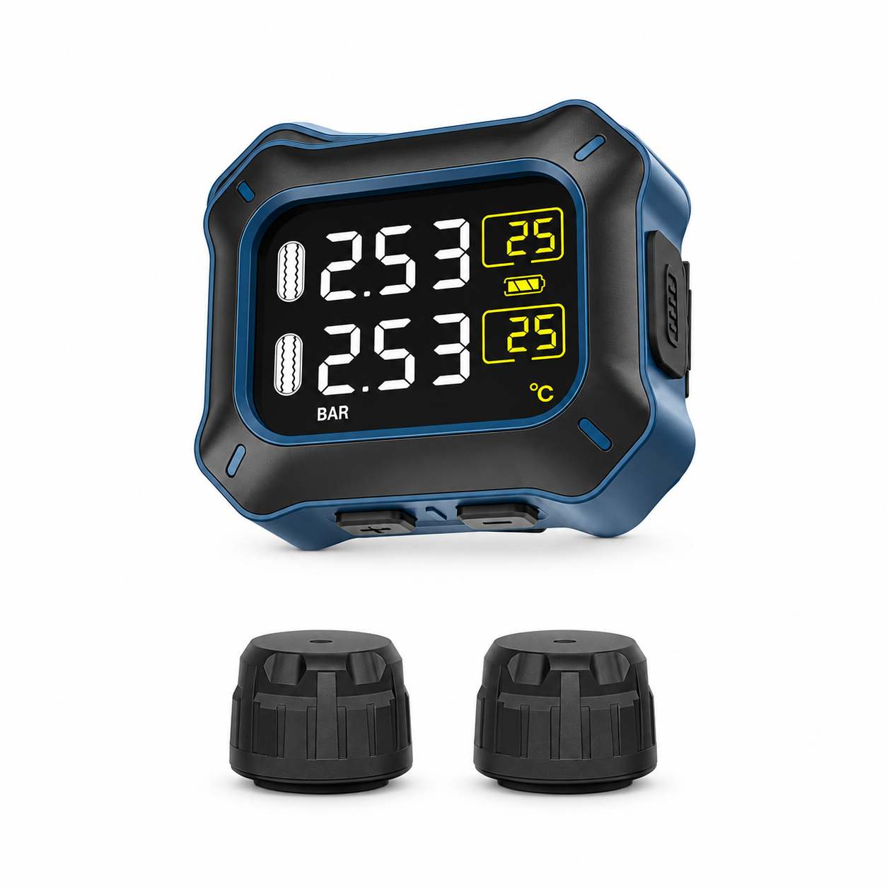 Tyre Care M3ST-2-WF motorcycle TPMS with two external sensors, showing the angled display, lower buttons and USB cover.