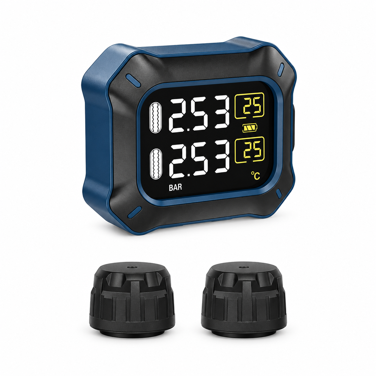 Tyre Care M3ST-2-WF motorcycle TPMS angled side view showing the blue casing, digital display and two external sensors.